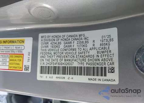 2025 Honda Civic Sport/Sport Touring from USA, damaged, VIN 2HGFE4F89SH326007